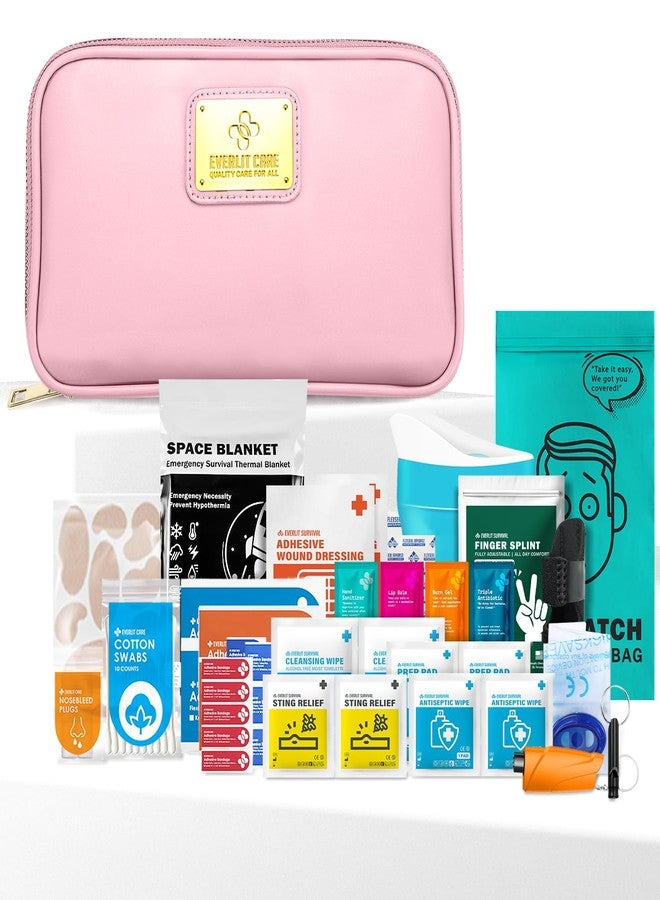 EVERLIT CARE Car First Aid Kit with Emergency Supplies Survival Gear Including Window Breaker Disposable Urine Bag Mountable Survival Kit for Family Travel in Car (Pink) - Image 1